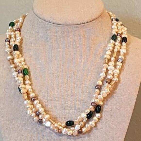 Three Strand Freshwater Cream and Plum Pearls with Lovely Glass Scattered Beads - Picture 1 of 7